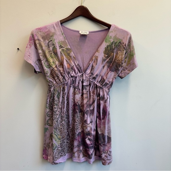 Vintage DB Sport Y2K Top V Neck babydoll purple peacock floral - Picture 1 of 8